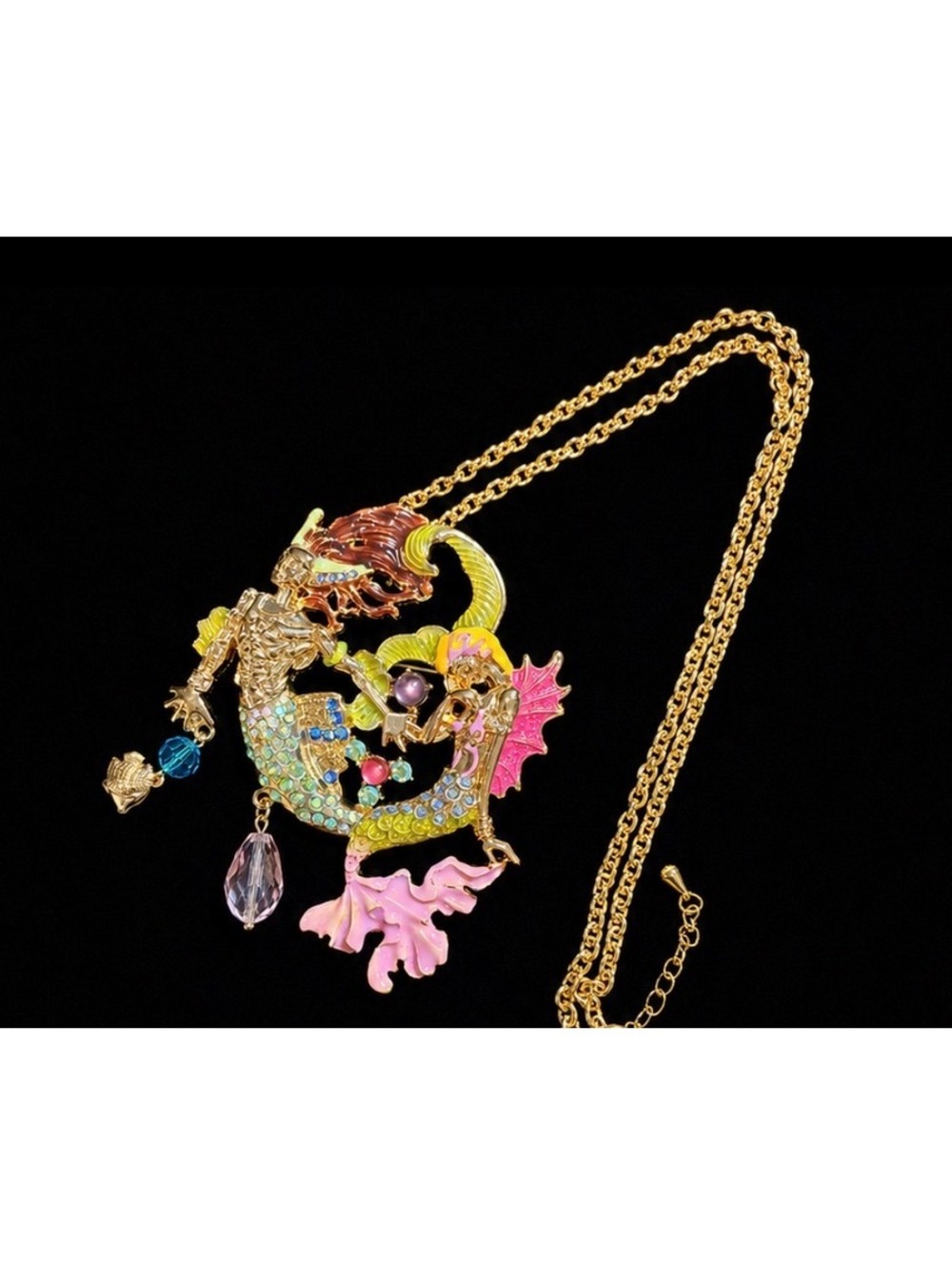 Vintage Style Gold-Tone Mermaid and Skeleton Brooch with Colorful Rhinestones,